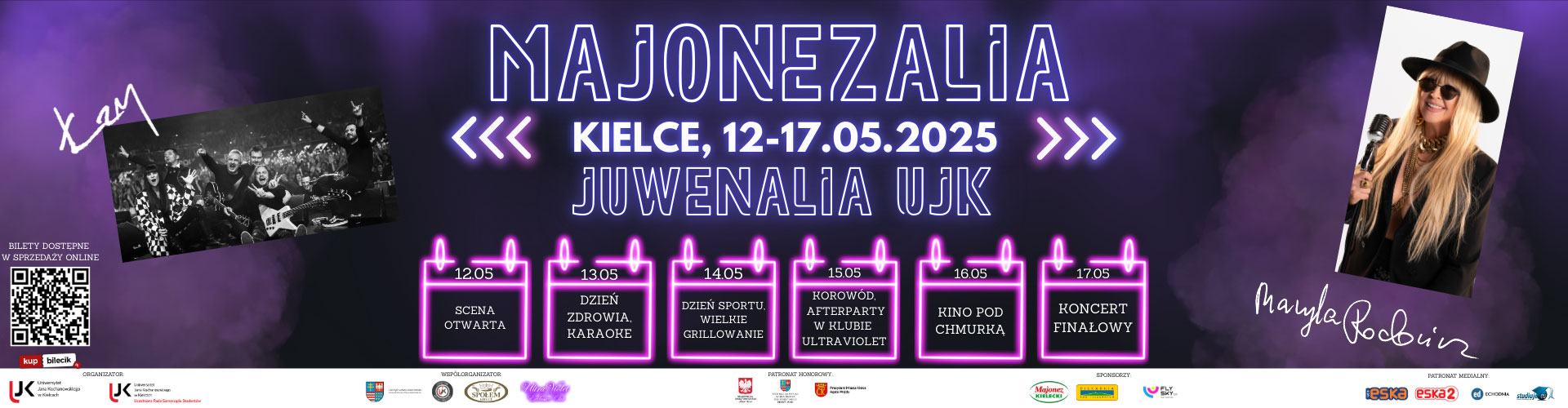 Baner reklamujący Juwenalia 2025 w dniach 12-17 maja 2025 roku. Baner przekierowuje do serwisu sprzedazy biletów.