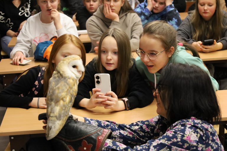 Dużym zainteresowaniem uczniów cieszył się pokaz drapieżnych ptaków. Ulubienicą widowni została sowa płomykówka.
