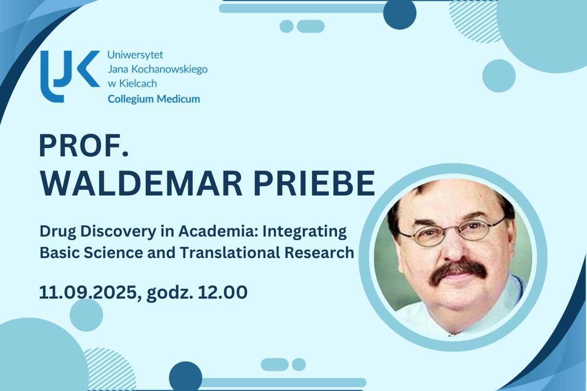 Jasnoniebieski plakat z informacją o wykładzie prof. Waldemara Priebe. Po prawej stronie okrągłe zdjęcie profesora.