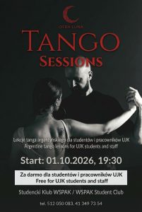 Plakat „Otra Luna TANGO SESSIONS” przedstawia parę w tańcu. Lekcje tanga argentyńskiego dla studentów i pracowników UJK. Start: 01.10.2026, godz. 19:30. Za darmo. Miejsce: Studencki Klub WSPAK.