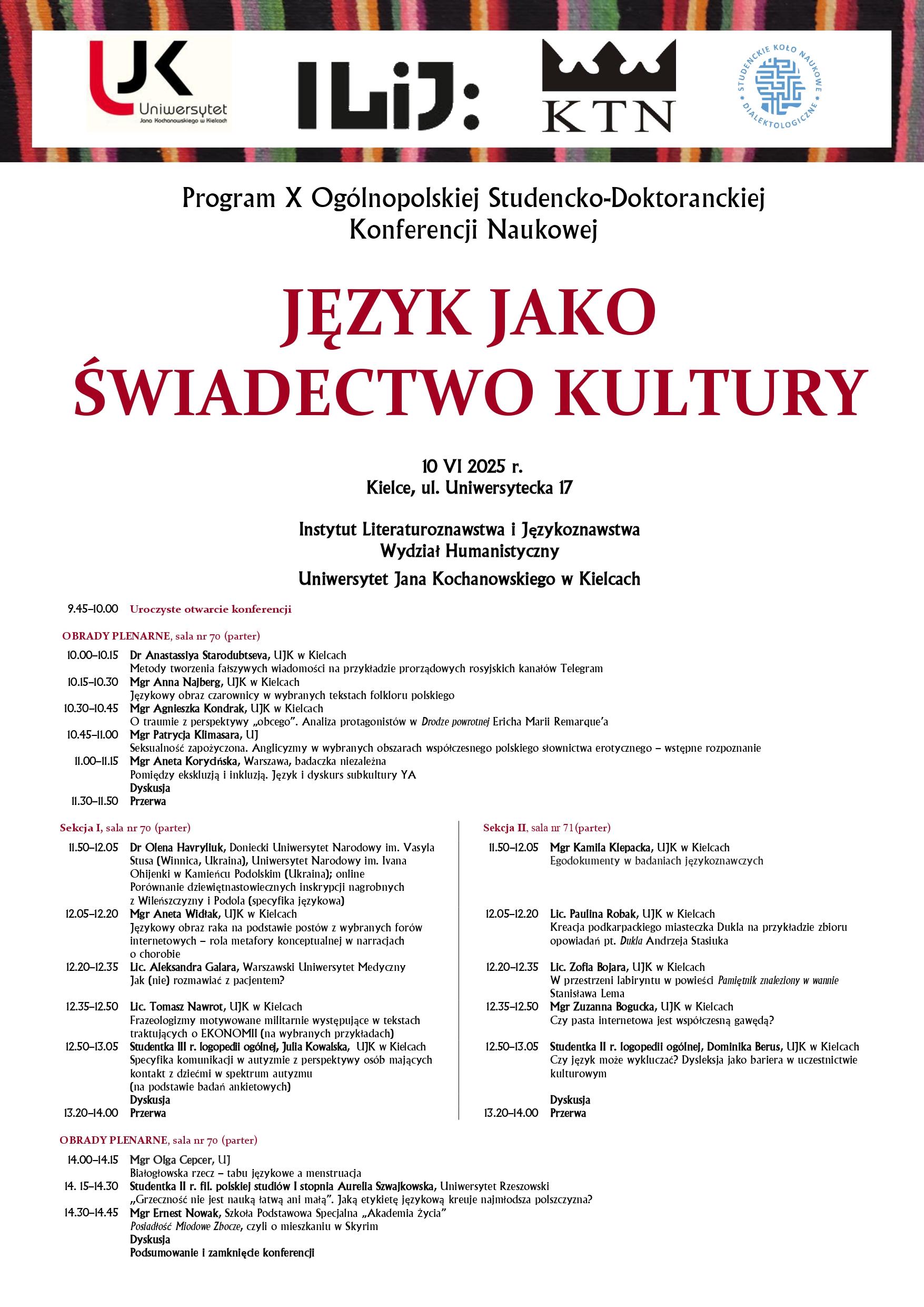 Program konfrencji Jezyk jako swiadectwo kultury