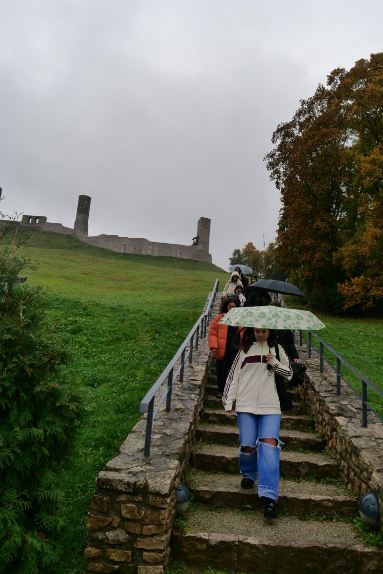 Grupa studentów wymiany międzynarodowej schodzi po schodach przed Zamkiem Królewskim w Chęcinach.