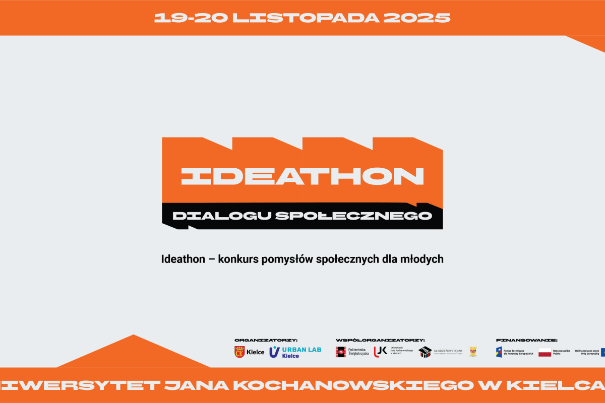 Grafika informacyjna. Na pomarańczowym tle widnieje biały napis IDEATHON dialogu społecznego. Poniżej podtytuł Konkurs pomysłów społecznych dla młodych. Na dole grafiki: herb Kielc, logotyp Urban Lab oraz logotypy Uniwersytetu Jana Kochanowskiego w Kielcach oraz Politechniki Świętokrzyskiej.