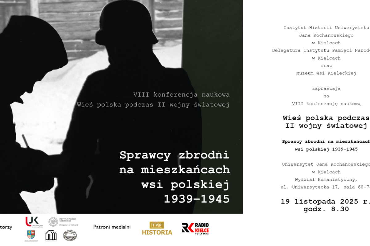 Plakat konferencji o historii II wojny światowej. Po lewej czarno-biała fotografia dwóch sylwetek żołnierzy w hełmach na tle zimowego krajobrazu. Po prawej tekst zapowiadający VIII konferencję „Wieś polska podczas II wojny światowej. Sprawcy zbrodni na mieszkańcach wsi polskiej 1939–1945”, z datą 19.11.2025 i logotypami organizatorów.