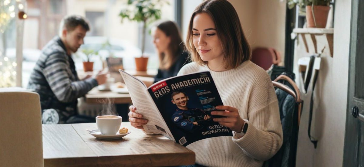 młoda kobieta w kawiarni czyta czasopismo