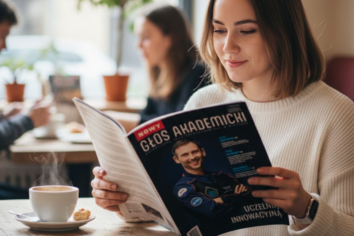 młoda kobieta przy kawiarnianym stoliku czyta czasopismo