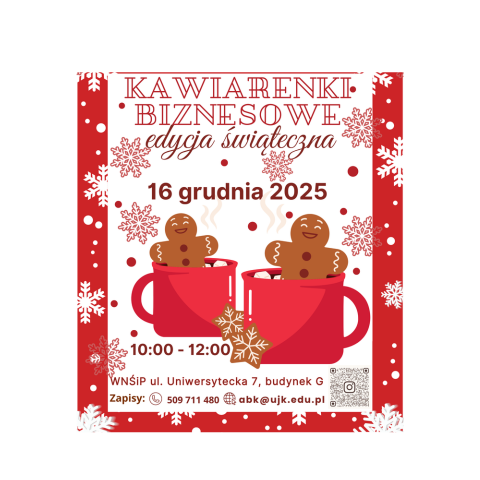 plakat wydarzenia w świątecznym klimacie, dwa czerwone kubki z wystającymi pierniczkami