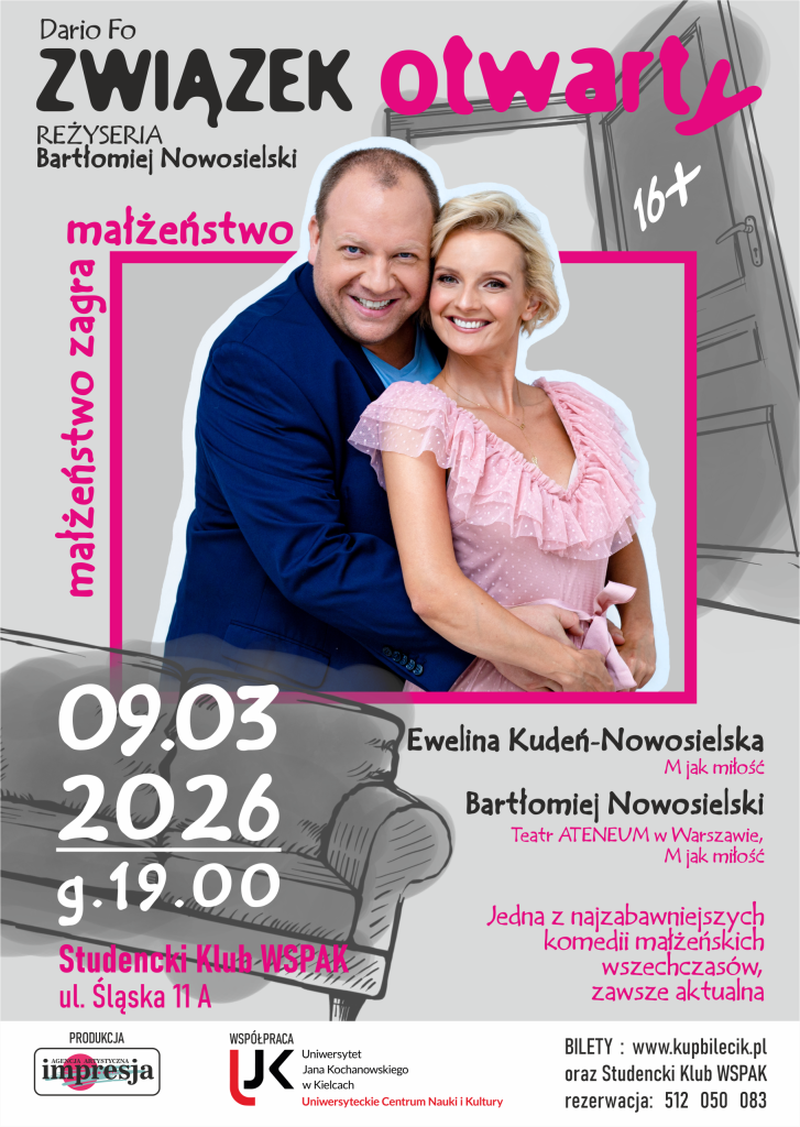 Plakat spektaklu „Związek otwarty” Daria Fo. Występują: Ewelina Kudeń-Nowosielska i Bartłomieja Nowosielski. Data: 09.03.2026, godz. 19:00, Klub WSPAK, ul. Śląska 11A. Na zdjęciu uśmiechnięta para aktorów na tle rysunkowej kanapy i drzwi.