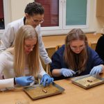 Dwie młode kobiety pod nadzorem instruktorki wykonują sekcję karaczan&oacute;w madagaskarskich umieszczonych w metalowych tacach. Uczestniczki mają niebieskie rękawiczki i używają pęset oraz igieł preparacyjnych.