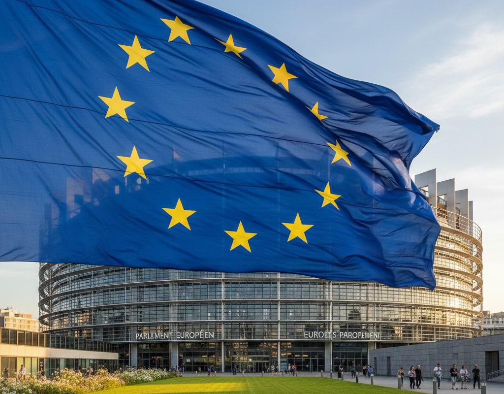 Zdjęcie przedstawia nowoczesny, szklany budynek Parlamentu Europejskiego w Strasburgu. Nad nim dumnie powiewa wielka, niebieska flaga UE ze złotymi gwiazdami. Na dole widać zielony trawnik i spacerujących ludzi. Całość w słonecznym, ciepłym świetle podkreślającym błękit i architekturę.