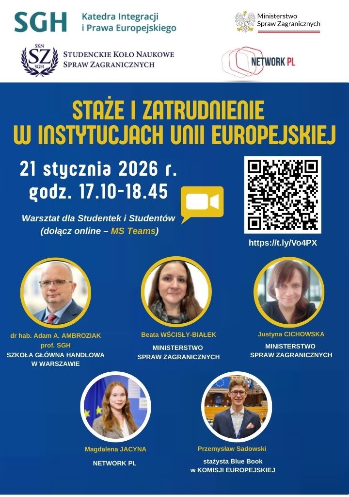 Plakat informujący o warsztacie online &bdquo;Staże i zatrudnienie w instytucjach Unii Europejskiej&rdquo;. Wydarzenie odbędzie się 21 stycznia 2026 r. w godz. 17.10&ndash;18.45 na platformie MS Teams. Na grafice widnieje kod QR oraz zdjęcia pięciorga prelegent&oacute;w z SGH, MSZ, Network PL i Komisji Europejskiej. W nagł&oacute;wku logotypy organizator&oacute;w, m.in. SGH i MSZ.