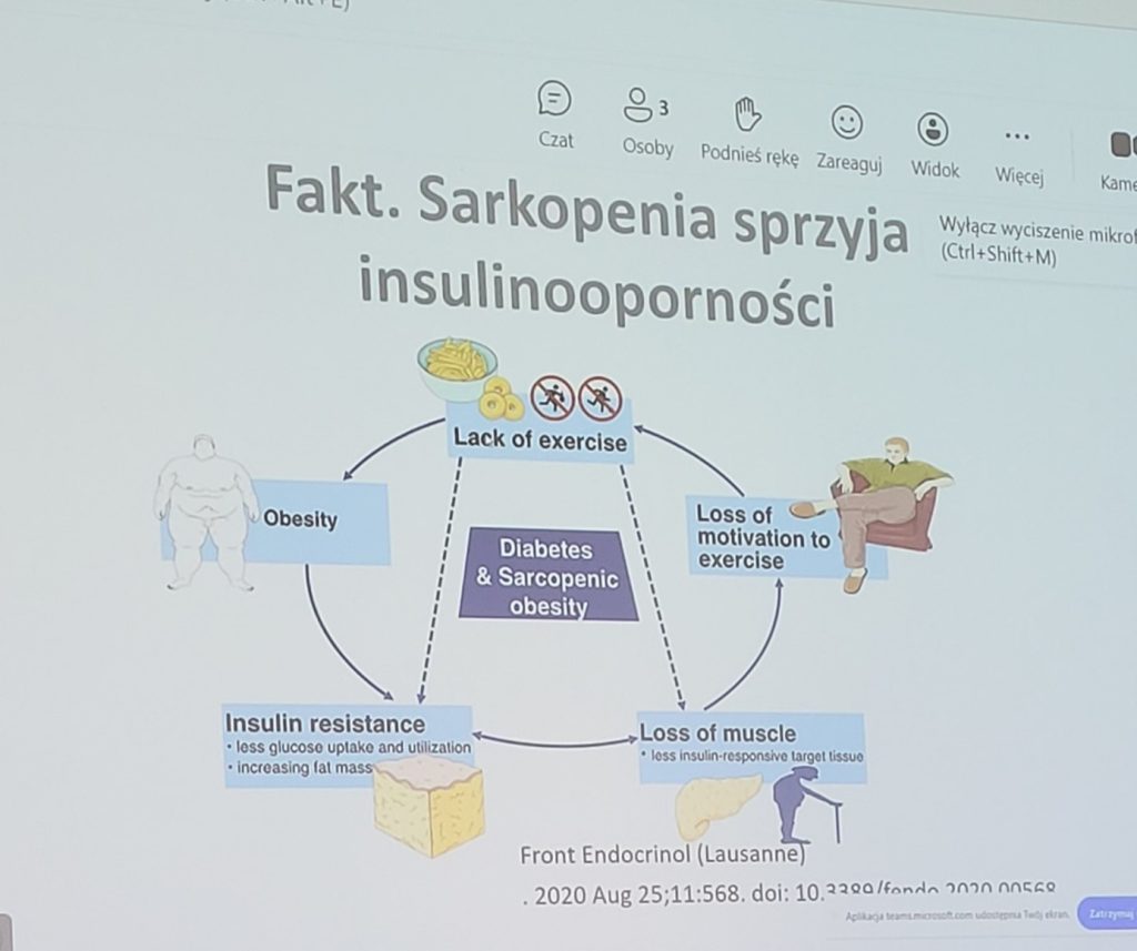 Na zdjęciu widać slajd z prezentacją ze szkolenia z wykresem dotyczącym hasła: Fakt. Sarkopenia sprzyja insulinooporności.