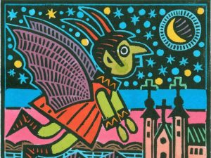 Kolorowa grafika przedstawiająca uskrzydloną, baśniową postać lecącą nad dachami kościoła. Postać ma zieloną sk&oacute;rę i czerwony str&oacute;j. Tło to czarne, nocne niebo usiane niebieskimi i ż&oacute;łtymi gwiazdami oraz okrągły motyw księżyca. Stylistyka jest wyrazista, o grubych konturach.