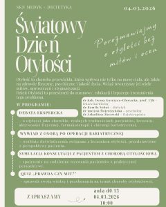 Plakat Światowego Dnia Otyłości (04.03.2026, godz. 10:00, aula d0/13). Zielone tło, hasło: &bdquo;Porozmawiajmy o otyłości bez mit&oacute;w i ocen&rdquo;. W programie: debata ekspert&oacute;w (kardiolog, dietetyk, psycholog, fizjoterapeuta), wywiad z pacjentem bariatrycznym, symulacja konsultacji oraz quiz &bdquo;Prawda czy mit&rdquo;.