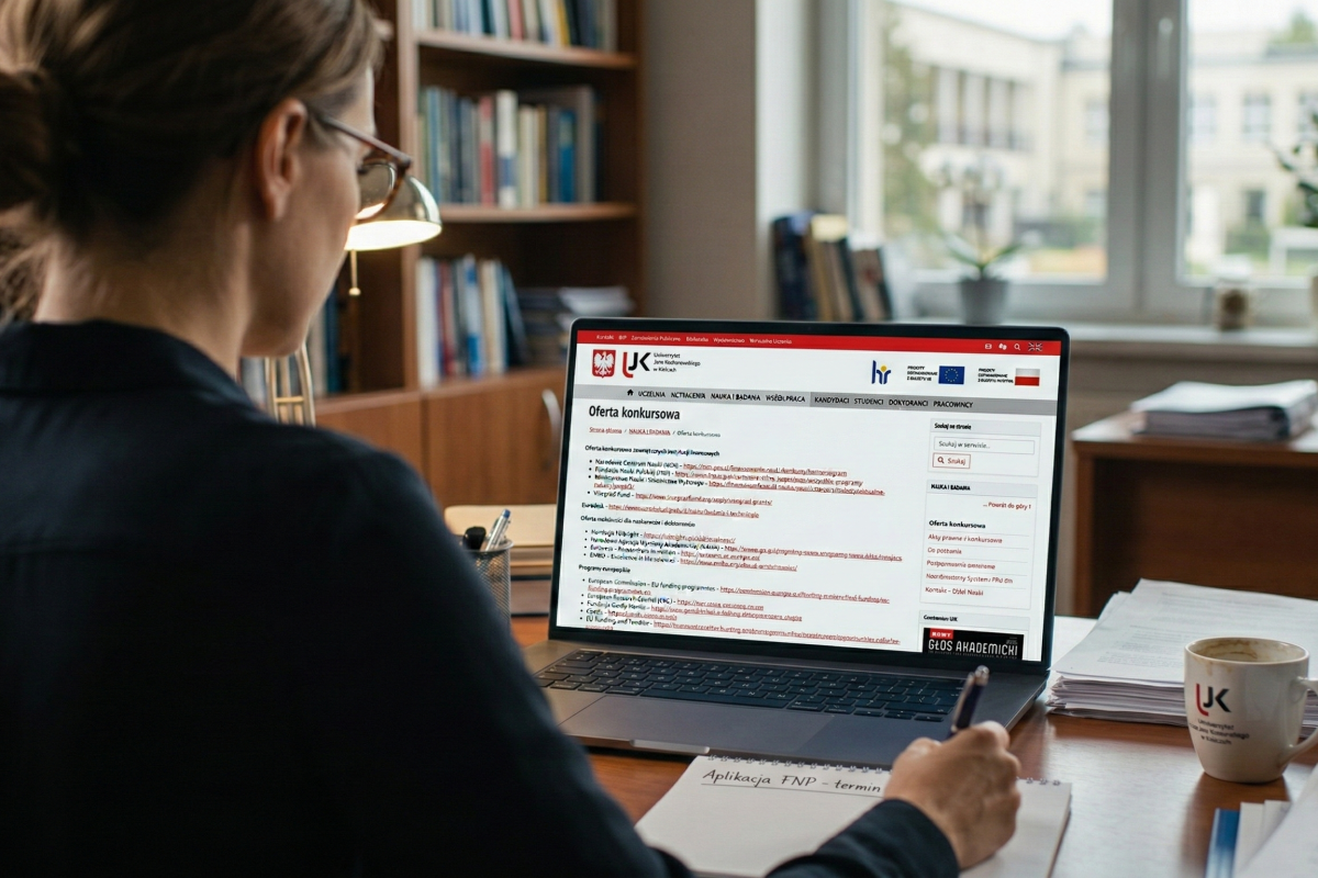 badaczka przy laptopie z bazą ofert grantowych
