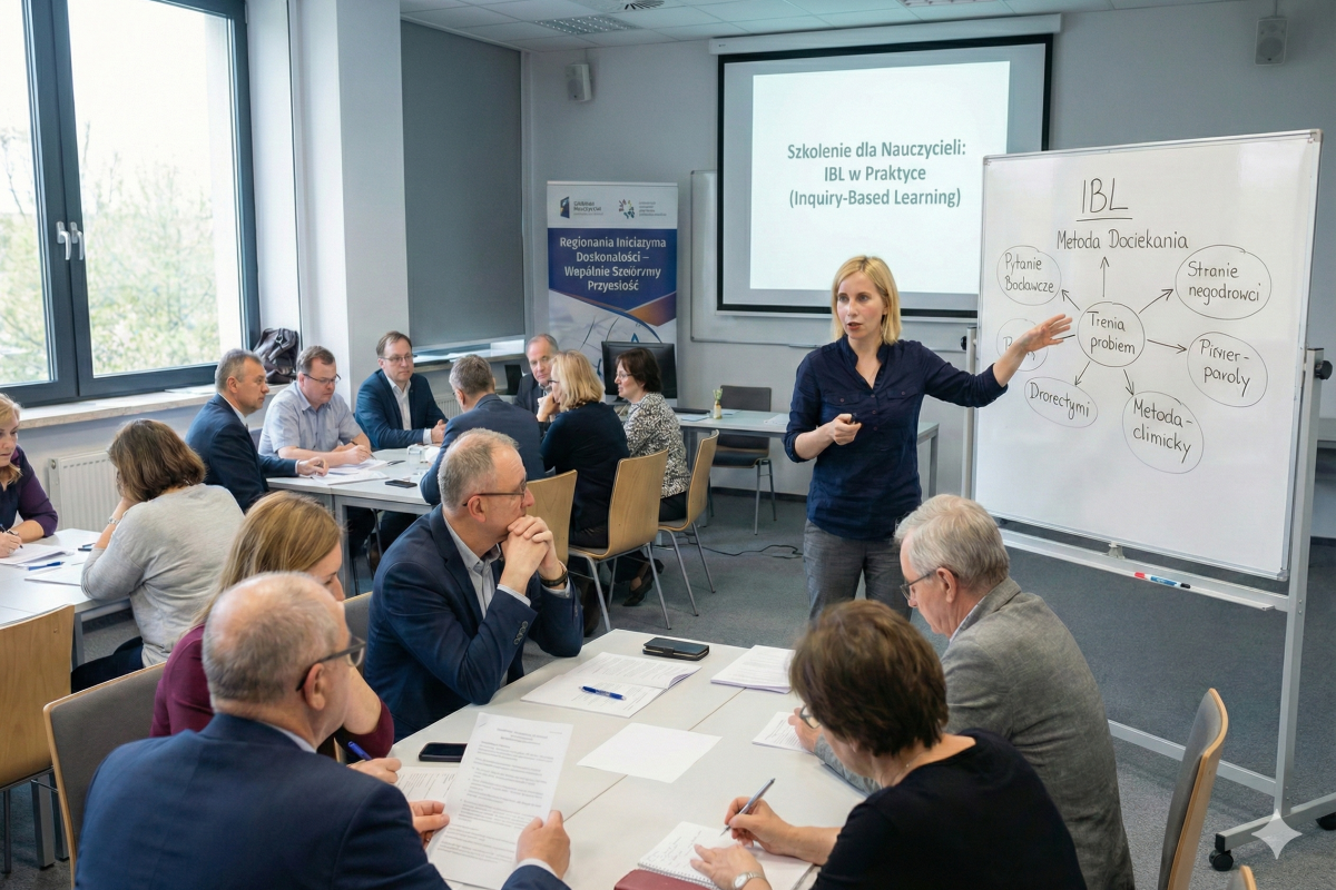 Jasnowłosa prelegentka prowadzi szkolenie z metody dociekania naukowego (IBL) dla nauczycieli akademickich. Stoi przy tablicy ze schematem, obok siedzą notujący uczestnicy.