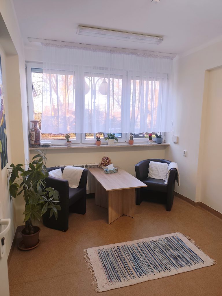 Pok&oacute;j z beżowymi ścianami i brązową podłogą. Pośrodku ściany znajduje się szerokie okno, przy kt&oacute;rym stoi jasnobrązowy stolik. Po obu stronach stolika znajdują się sk&oacute;rzane ciemnobrązowe fotele z białymi poduszkami i narzuconymi kocami. Po lewej stronie pokoju stoi wysoka roślina w białej doniczce.