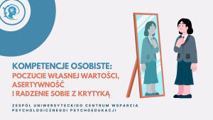 Po lewej napis &bdquo;Poczucie własnej wartości, asertywność i radzenie sobie z krytyką&rdquo;; po prawej kobieta stoi przed lustrem, patrzy na swoje odbicie, poprawia czerwony krawat i uśmiecha się.