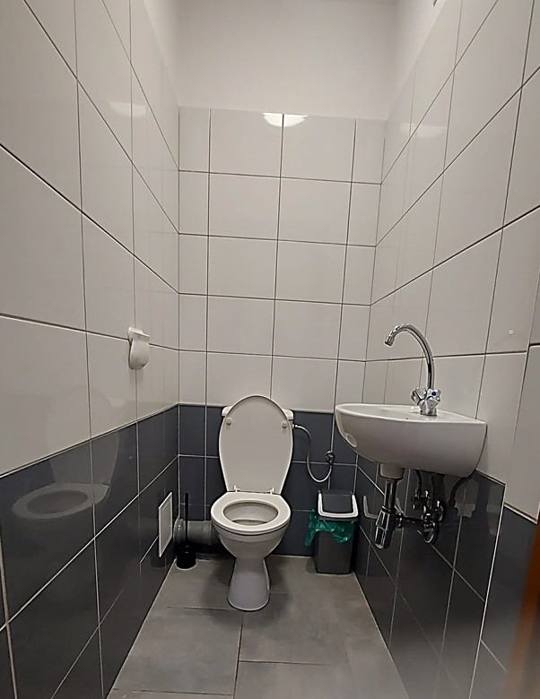 Zdjęcie przedstawia toaletę Domu Studenta Asystent. Wnętrze wyłożone jest białymi oraz szarymi płytkami. W pomieszczeniu znajduje się , umywalka, kosz na śmieci oraz uchwyt na papier toaletowy Toaleta jest czysta, dobrze oświetlona i urządzona w prostym, funkcjonalnym stylu.