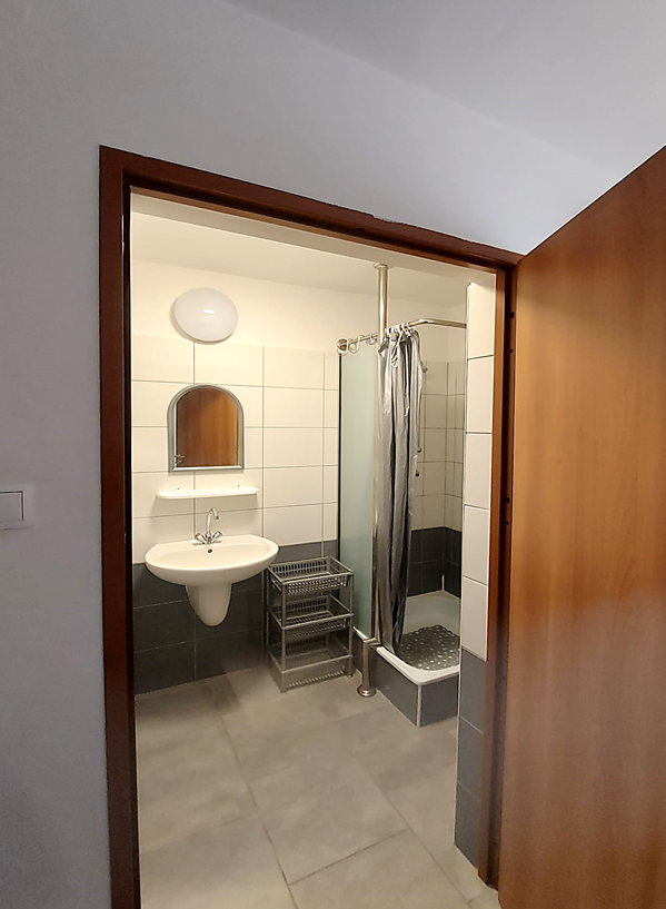 Zdjęcie przedstawia łazienkę  Domu Studenta Asystent. Wnętrze wyłożone jest białymi oraz szarymi płytkami. W pomieszczeniu znajduje się prysznic z szarą zasłoną prysznicową, umywalka z lustrem oraz szary plastikowy stojak z p&oacute;łkami. Łazienka jest czysta, dobrze oświetlona i urządzona w prostym, funkcjonalnym stylu.