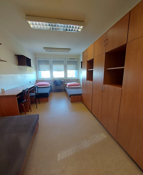 Zdjęcie przedstawia pok&oacute;j dwuosobowy w Domu Studenta Melodia. W pomieszczeniu znajdują się pojedyncze trzy ł&oacute;żka z r&oacute;żową poduszką, biurko z krzesłem i szafa z p&oacute;łkami oraz duże okno z roletami. Pok&oacute;j jest jasny i schludny, z beżową podłogą i drewnianymi meblami.