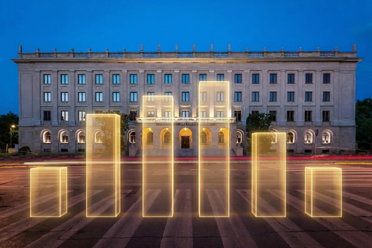 Budynek rektoratu UJK na pierwszysm planie wykres słupkowy