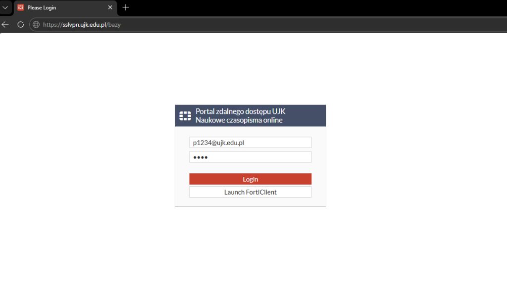 screen z ekranu logowania się do SSL VPN w UJK, na ekranie jest formularz do logowania się