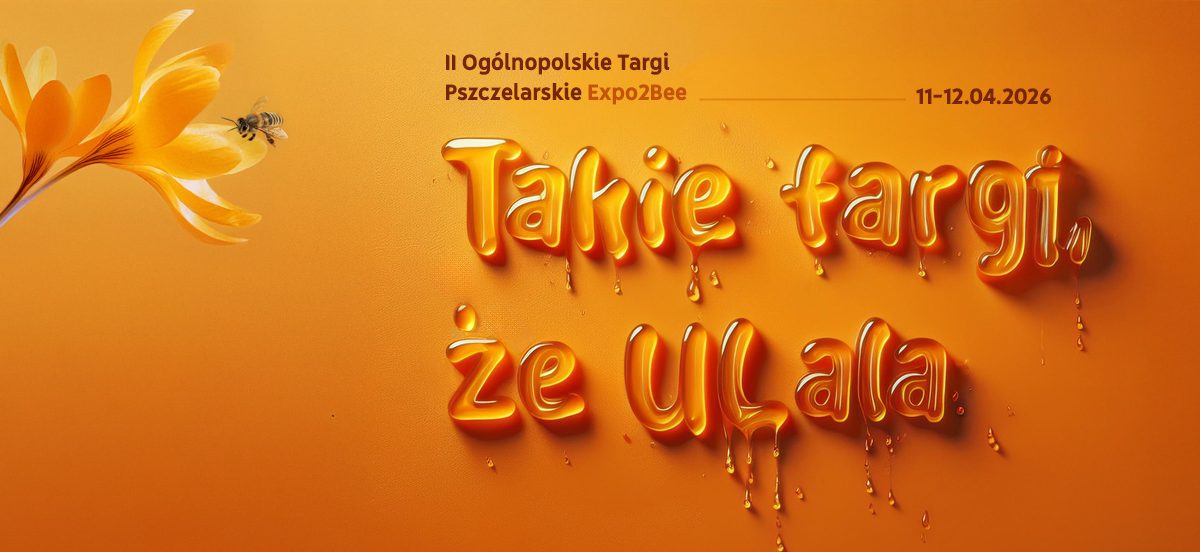 Baner targów Expo2Bee w miodowej kolorystyce. Z lewej kwiat krokusa z pszczołą. Obok napis z „miodowych” liter: „Takie targi, że uLala”. W górnej części tekst: II Ogólnopolskie Targi Pszczelarskie Expo2Bee oraz data 11–12.04.2026. Całość na ciepłym, pomarańczowym tle o teksturze skóry.