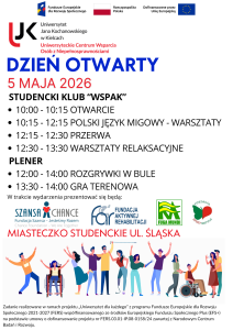 Plakat Dnia Otwartego UJK (5 maja 2026). Program w klubie &bdquo;Wspak&rdquo;: warsztaty migowe i relaksacyjne. W plenerze: bule i gra terenowa. Lokalizacja: Miasteczko Studenckie, ul. Śląska. Wydarzenie wspierane przez fundacje i UE w ramach projektu &bdquo;Uniwersytet dla każdego&rdquo;.
