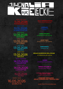 Plakat Juwenali&oacute;w Kieleckich UJK 2026 na czarnym tle. Harmonogram (11-16 maja) zawiera: krwiodawstwo, korow&oacute;d, scenę otwartą, silent disco, dzień sportu, grillowanie, gaming, imprezę w klubie UV oraz koncerty (Reaktor, Viral Decay, Sidris). Finał: Golec uOrkiestra i Enej w Amfiteatrze Kadzielnia.