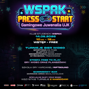 Plakat &bdquo;Wspak Press Start &ndash; Gamingowe Juwenalia UJK&rdquo;. Wydarzenie 14.05.2026 w Klubie Wspak, godz. 10&ndash;18, wstęp wolny. W programie: turnieje (EA FC26, 2XKO, Geoguessr, Trackmania), strefa free to play, gry planszowe, szkoła Riftbound oraz gamingowy bar. Na dole logotypy partner&oacute;w.