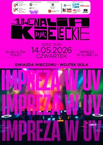 Plakat Juwenali&oacute;w Kieleckich: Impreza w klubie Ultra Violet. R&oacute;żowe tło, data 14.05.2026, godz. 22:00. Gwiazda wieczoru: Wojtek Gola. Na dole zdjęcie konsolety DJ-skiej w klubie z dużym napisem IMPREZA W UV. U g&oacute;ry logotypy organizator&oacute;w i patron&oacute;w.