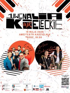 Plakat Juwenali&oacute;w Kieleckich: koncert zespoł&oacute;w Enej oraz Golec uOrkiestra. Wydarzenie odbędzie się 16 maja 2026 o godz. 19:00 w Amfiteatrze Kadzielnia. Na jasnym tle grafiki z artystami i kod QR do zakupu bilet&oacute;w. U dołu logotypy organizator&oacute;w, w tym Uniwersytetu Jana Kochanowskiego.