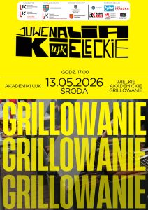 Plakat Juwenali&oacute;w Kieleckich zapraszający na Wielkie Akademickie Grillowanie. Ż&oacute;łte tło, data 13.05.2026, godz. 17:00, lokalizacja: Akademiki UJK. Na dole zdjęcie kiełbasek na grillu z dużym napisem GRILLOWANIE. U g&oacute;ry logotypy organizator&oacute;w i patron&oacute;w.