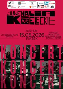 Plakat Juwenali&oacute;w Kieleckich: Koncert zespoł&oacute;w Reaktor, Viral Decay i Sidris. Bordo-r&oacute;żowe tło, data 15.05.2026, godz. 18:00, Klub Wspak. Na dole kolarz zdjęć członk&oacute;w zespoł&oacute;w z dużym napisem KONCERT. U g&oacute;ry logotypy organizator&oacute;w (UJK, URSS) i patron&oacute;w.