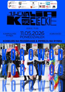 Plakat Juwenali&oacute;w Kieleckich zapraszający na korow&oacute;d 11.05.2026 o godz. 17:00. Niebieskie tło z czarnym napisem JUWENALIA KIELECKIE oraz informacją o konkursie na przebranie i imprezie na Rynku. Na dole zdjęcie przebranych student&oacute;w idących w korowodzie z dużym napisem KOROW&Oacute;D.