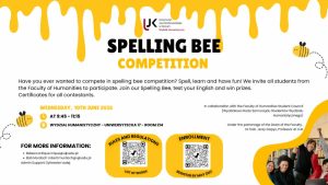 Plakat konkursu &bdquo;SPELLING BEE COMPETITION&rdquo; na Wydziale Humanistycznym UJK. Wydarzenie odbędzie się 10 czerwca 2026 r. w godz. 9:45&ndash;11:15 w sali 214 przy ul. Uniwersyteckiej 17. Zapisy przez kod QR do 31 maja. Grafika w ż&oacute;łto-białych barwach z motywem miodu, pszcz&oacute;ł i zdjęciem student&oacute;w.
