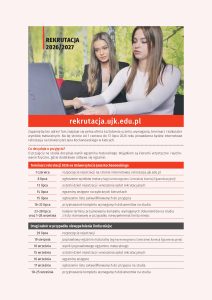 Plakat rekrutacyjny UJK na rok 2026/2027. U góry zdjęcie dwóch studentek przy laptopie na tle zieleni. Poniżej czerwony pasek z adresem rekrutacja.ujk.edu.pl oraz szczegółowy, dwuczęściowy terminarz naboru (podstawowego i drugiego) w formie tabeli z datami od 1 czerwca do 28 września.
