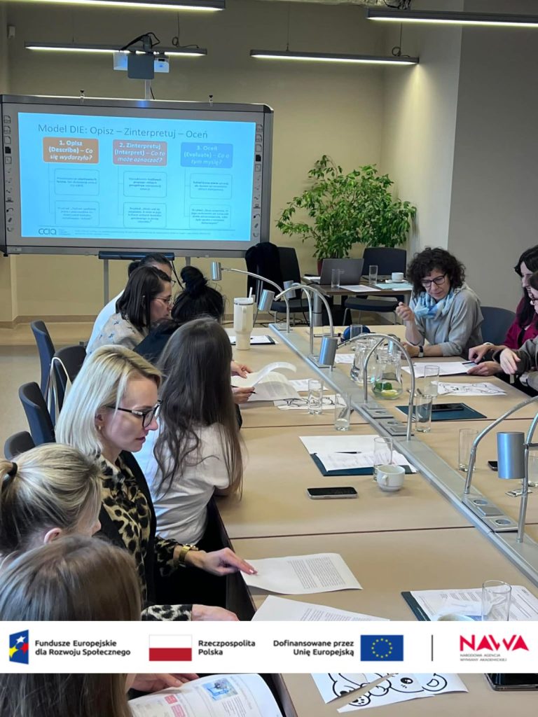 Sala szkoleniowa: Widok na salę konferencyjną podczas szkolenia. Na pierwszym planie uczestniczki pracują z dokumentami, a w tle znajduje się duży ekran multimedialny wyświetlający prezentację o modelu DIE (Opisz, Zinterpretuj, Oceń).