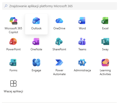 Widok panelu aplikacji Microsoft 365 z polem wyszukiwania „Znajdowanie aplikacji platformy Microsoft 365” oraz kafelkami najważniejszych usług, takich jak Outlook, OneDrive, Word, Excel, PowerPoint, OneNote, SharePoint, Teams, Forms, Power Automate, Administracja i inne aplikacje.