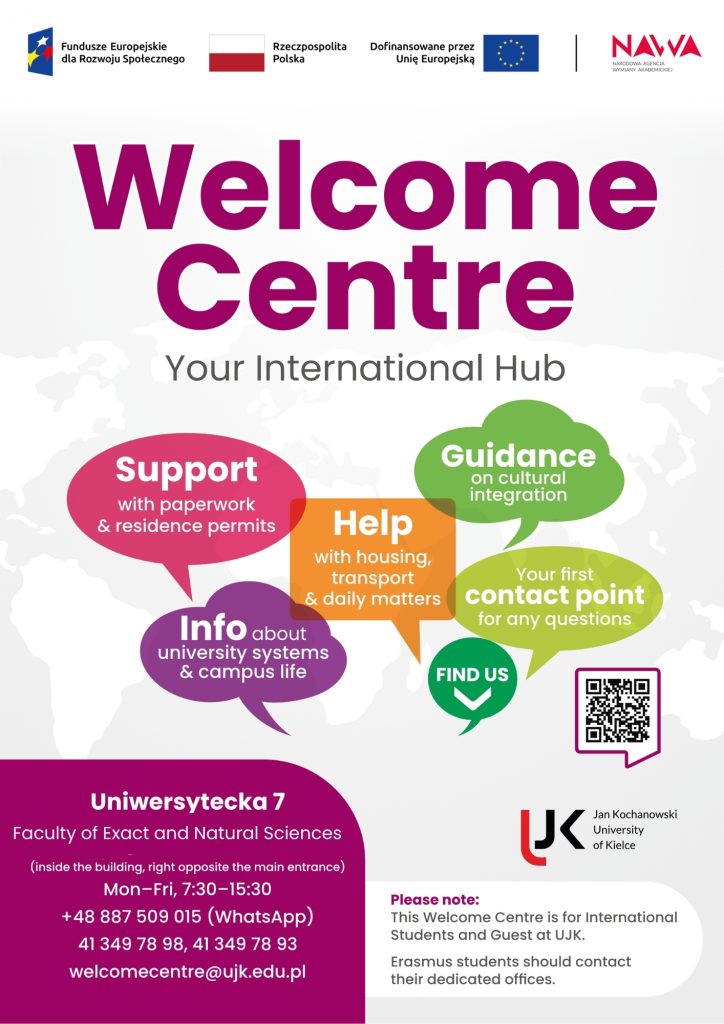 Plakat Welcome Centre Uniwersytetu Jana Kochanowskiego w Kielcach dla studentów i gości zagranicznych, zawierający informacje o wsparciu administracyjnym, zakwaterowaniu, integracji kulturowej oraz dane kontaktowe.
