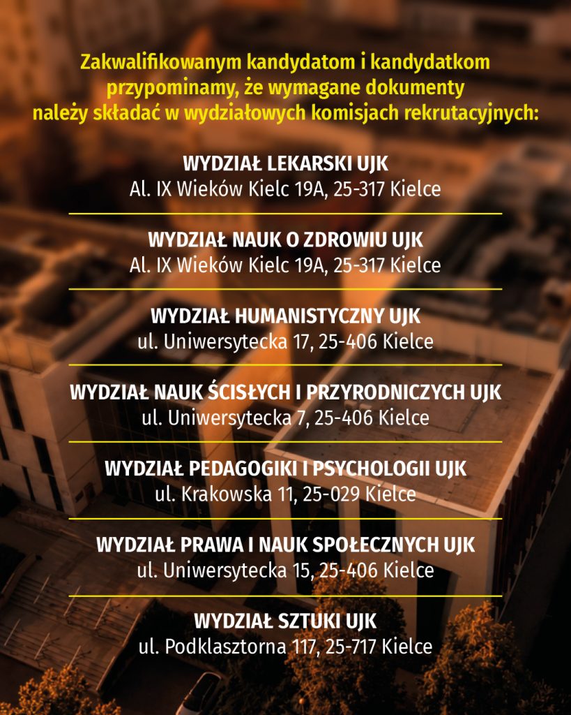Grafika informacyjna UJK przypominająca o składaniu dokumentów przez zakwalifikowanych kandydatów do wydziałowych komisji rekrutacyjnych. Na liście z adresami w Kielcach znajdują się wydziały: Lekarski, Nauk o Zdrowiu, Humanistyczny, Nauk Ścisłych i Przyrodniczych, Pedagogiki i Psychologii, Prawa oraz Sztuki.