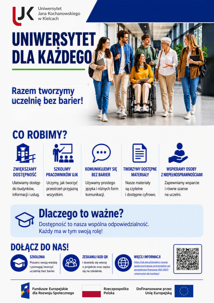 Plakat informacyjny projektu Uniwersytet dla każdego Uniwersytetu Jana Kochanowskiego w Kielcach. Szczeg&oacute;łowy opis i treść plakatu znajdują się poniżej.