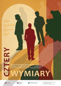 Plakat wystawy &bdquo;CZTERY WYMIARY&rdquo; w Galerii Biblioteki Uniwersyteckiej w Kielcach. Grafika przedstawia sylwetki postaci na tle geometrycznych łuk&oacute;w i pas&oacute;w kolor&oacute;w. Widoczne są nazwiska artyst&oacute;w: Jerzy Fober, Grzegorz Majchrowski, Krystyna Pasterczyk, Andrzej Szarek oraz daty: 22.10&ndash;26.11.2026.   