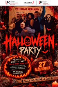 Plakat wydarzenia &bdquo;Halloween Party&rdquo; połączonego z kiermaszem charytatywnym dla dr Anny Pawelec z UJK. Na zdjęciu grupa przebrańc&oacute;w. Wydarzenie odbędzie się 27 października o godz. 19:00 w Studenckim Klubie WSPAK przy ul. Śląskiej 11a w Kielcach. Organizatorem jest Radio Fraszka.   
